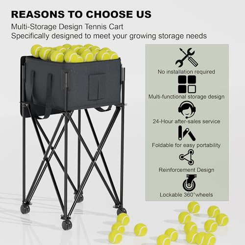 Tennis Ball Hopper for 120 Balls，Tennis Ball Basket with Removable Storage Bag，Wheeled Tennis Ball Cart for Serve Training ，Portable Pickleball Baseball Hopper Basket
