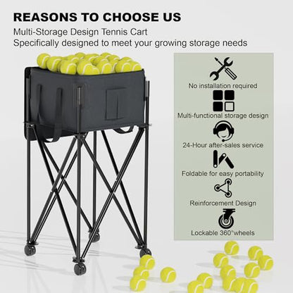 Tennis Ball Hopper for 120 Balls，Tennis Ball Basket with Removable Storage Bag，Wheeled Tennis Ball Cart for Serve Training ，Portable Pickleball Baseball Hopper Basket
