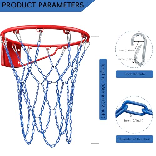 Basketball Net Heavy Duty Replacement,Carbon Steel Chain Basketball net, Anti-Rust Use Indoor Outdoor Standard 12 Loops Hoop - color: Blue