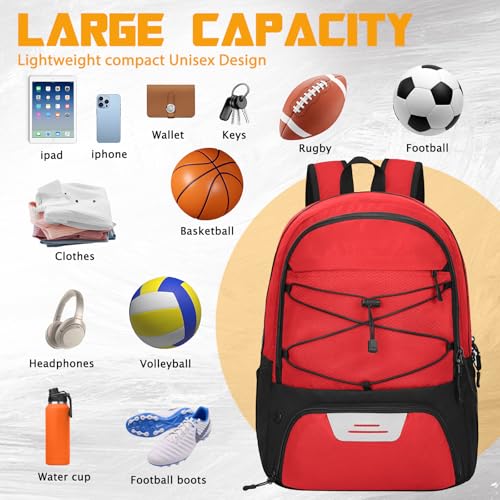 Goloni Soccer Backpack Bag with Separate Ball & Cleat Shoe Compartment,Sports Gym Backpack for Teen Girls Boys Men Women Kids - color: Red