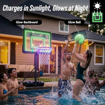 Pool Basketball Hoop – Height Adjustable 57" to 68" Portable Poolside Basketball Hoop with Wheels, Glow-in-Dark Backboard & LED Rim, Glow Ball + Standard Ball, Indoor Outdoor Night Games