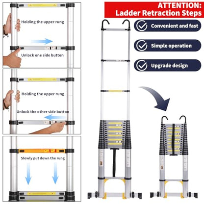 26.2FT Telescoping Aluminum Extension Ladder, Telescopic Ladder with Hooks，330lbs Capacity, Multi-Purpose Collapsible for Home, Outdoor Work, Silvery