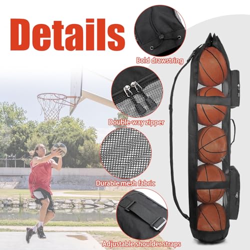 Basketball Mesh Equipment Ball Bag, 5 Ball Basketball Bag Heavy Duty Basketball Carrying Net Bag - Basketball Coach Bags for Team Balls, Sling/Adjustable Shoulder/Tube Style