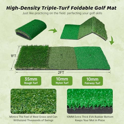 Golf Net, 10x7ft Practice Net with Heavy Tri-Turf Mat, All-in-One Multiple Target Golf Hitting Net, Outdoor Indoor Driving Chipping Training with Target/Mat/Balls/Tee/Bag, Gift for Enthusiasts