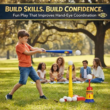 T Ball Stand for Kids and Toddlers 1-3, 3-5, 5-8. Baseball Set Includes 6 Large Balls, an Adjustable Tball Batting Tee, and a Pitching Machine. Kids Bat and Ball, T-Ball Sets for Kids