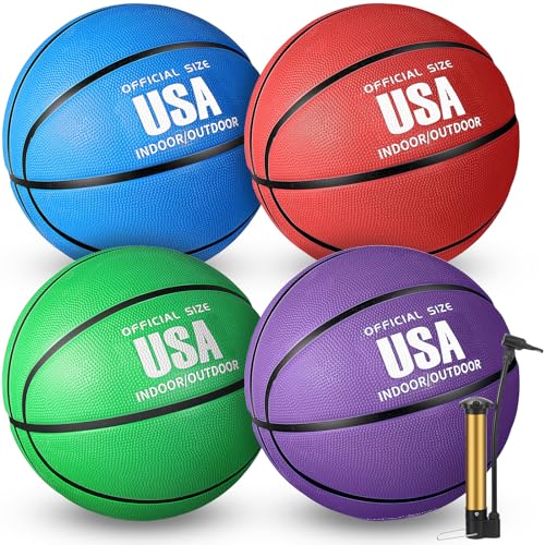 Libima 4 Pcs Rubber Basketball with Pump Official Size Indoor Outdoor Basketball Game Practice Training Women Men Streetbball Sport Gift - color: Red, Green, Purple, Blue, size: Size 6