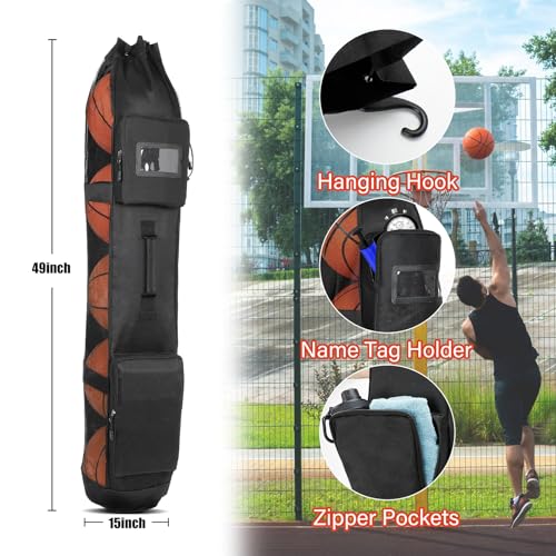 Basketball Mesh Equipment Ball Bag, 5 Ball Basketball Bag Heavy Duty Basketball Carrying Net Bag - Basketball Coach Bags for Team Balls, Sling/Adjustable Shoulder/Tube Style