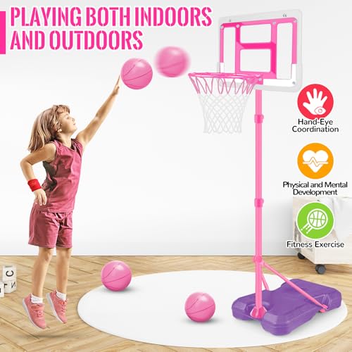 Kids Basketball Hoop with Stand, Adjustable Basketball Set, Toddler Basketball Toys for Boys Age 3 4 5 6 7 8, Indoor Outdoor Backyard Sport Game Gifts Pink - style: Pink Basketball Hoop
