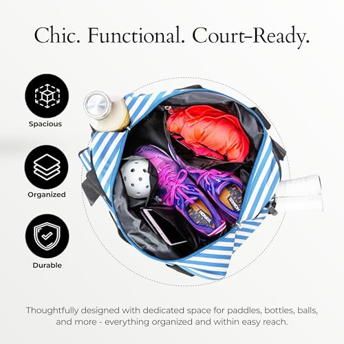 Pik’le’Ball Sport Premium Women's Pickleball Bag – Stylish and Versatile Sports Bag with Water Bottle Holder, Padded Paddle Pocket, and Spacious Design (fits 2+ Paddles!) - color: Stylish Stripe Blue