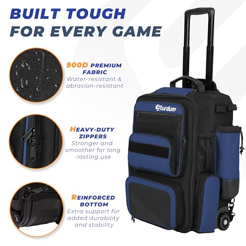 Rolling Baseball Bag with Wheels, 70L Large Capacity Baseball Backpack with Hidden Shoulder Strap, Sturdy Softball Bag with Multi-Pockets, Shoe Compartment, Fence Hooks for Players, Coaches - color: Blue