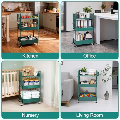3-Tier Rolling Storage Cart Metal Utility Cart with Wheels, Office Organizer with Hanging Cups, Hooks, Book Snack Craft Mobile Shelving Unit for Office Kitchen Nursery - color: Green