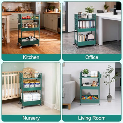 3-Tier Rolling Storage Cart Metal Utility Cart with Wheels, Office Organizer with Hanging Cups, Hooks, Book Snack Craft Mobile Shelving Unit for Office Kitchen Nursery - color: Green