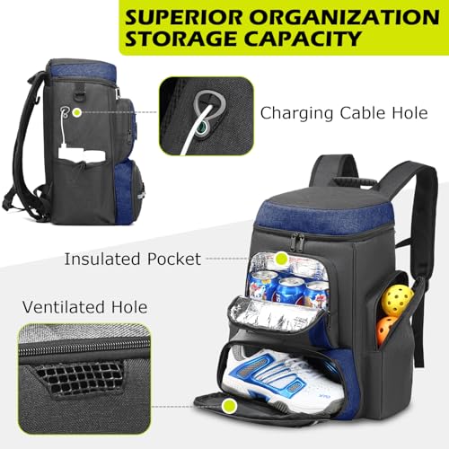 HAMBOLY Pickleball Bag for Men & Women, Large Pickleball Backpack with Shoes Compartment and Cooler, Fence Hook Design - color: Dark Grey + Blue