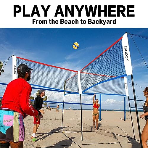 GOOX 4 Square Volleyball Net Game Set, 14 FT 4-Way Volleyball Net for Backyard Beach Lawn, Portable Four Square Volleyball Net for Adults & Youths with Vollyball, Pump, Carry Bag - color: red and blue