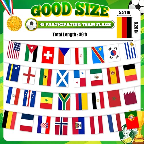 1 Pack 49ft World Soccer 2026 Cup String Flags, 48 Participating Countries Bunting Banner, Double Sided Football Decorations for Backyard, Room, School, Bar, Street World Soccer 2026 Cup Flags