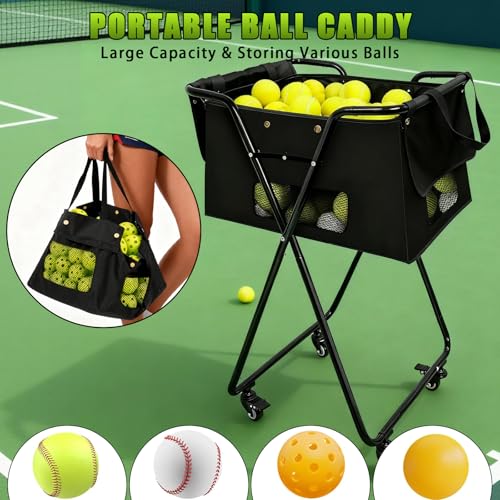Tennis Ball Hopper Cart with 4 Wheels，Foldable Large Capacity Pickleball & Tennis Ball Collector for Court Training, Coaching