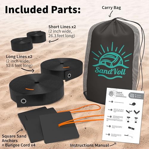 Beach Volleyball Lines + Outdoor Ball – Includes Sand Anchors, Air Pump, Marker, and Carry Bag. Official Court Size Dimensions (26.3' x 52.6')