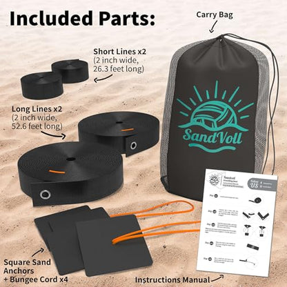 Beach Volleyball Lines + Outdoor Ball – Includes Sand Anchors, Air Pump, Marker, and Carry Bag. Official Court Size Dimensions (26.3' x 52.6')