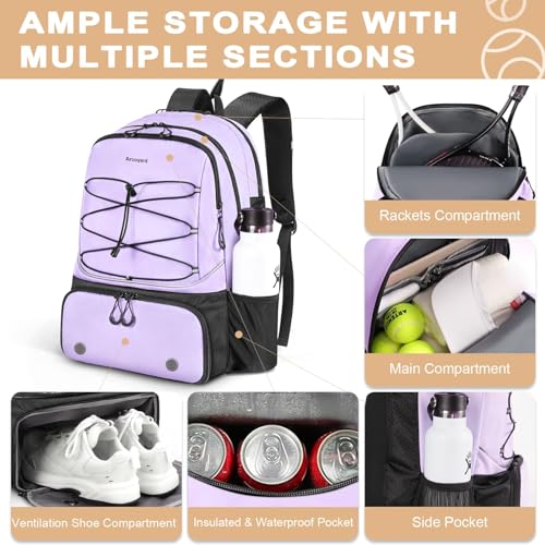 Arcoyard Tennis Bag Holds 2 Rackets, Professional Tennis Bags for Women, Tennis Backpack with Ventilated Shoe Compartment - color: Purple