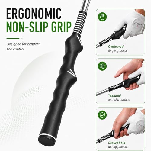 Golf Swing Trainer Aid for Right Handed, Retractable Golf Practice Tool with Click Feedback - Golf Training Aid Includes Wrist Alignment Brace & Correcting Arm Band, Power & Rhythm Training