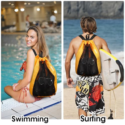WANDF Swim Bag Mesh Drawstring Backpack Beach Backpack for Swimming, Gym, and Workout Gear - color: Orange With Wet Pocket