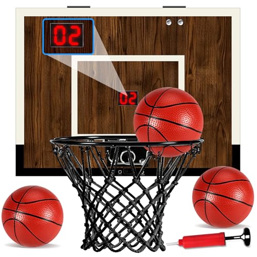 Indoor Mini Basketball Hoop Set – Over The Door with Wood Backboard & Iron Rim – Includes 2 Balls & Air Pump – Anti-Shock Padding – 16"x12"x3"