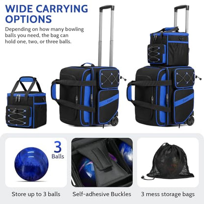 BOSSTIN 3 Ball Bowling Bag with Wheels, 2 Ball Bowling Bags Double roller with 1 Ball Add On Bag, Multi-Pockets & Shoe Compartment (Fits Up to Size 15) - color: Blue