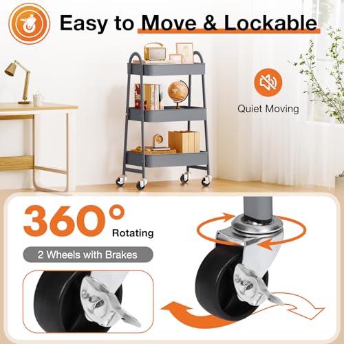 NEWBULIG 3-Tier Metal Rolling Cart with Lockable Wheels, Heavy Duty Mobile Utility Storage Shelf, Roller Book Snack Cart, Grey - color: Gray, size: 3 Shelves