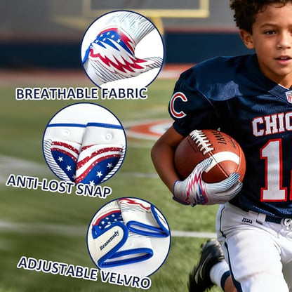 Youth Football Gloves for Boys Girls, Kids Receiver Gloves with Sticky Silicone Grip, Breathable Flag Football Gloves with Snap Button & Adjustable Wrist Strap for Practice Games - size: X-Small-Small