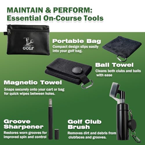 Golf Club Cleaning Kit, 8-in-1 Club Care Set with Cleaner, Brush, Groove Sharpener, Grip Cleaner, Polish, Magnetic Towel, Ball Towel & Portable Bag - Restores Shine, Removes Rust, Renews Grip
