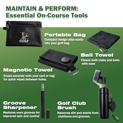 Golf Club Cleaning Kit, 8-in-1 Club Care Set with Cleaner, Brush, Groove Sharpener, Grip Cleaner, Polish, Magnetic Towel, Ball Towel & Portable Bag - Restores Shine, Removes Rust, Renews Grip