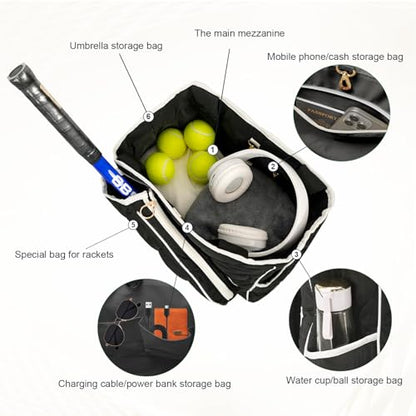 2-in-1 Tennis Tote Bag & Tennis Racket Backpack – Extra-Large Quilted Pickleball Racquet Bags, Water-Resistant & Lightweight for Men & Women - color: Black