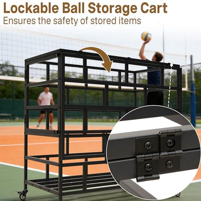 Ball Storage Cart, Lockable Rolling Basketball Storage Bin & Organizer with Wheels, Secure Sports Exercise Ball Cart Holder for Gym, School, Club, Indoor Outdoor Use