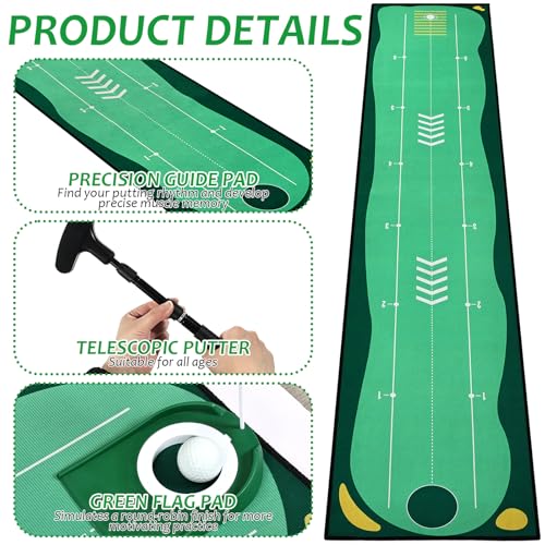 Portable Golf Putting Mat, Mini Golf Putting Green Set with Putting Mat, Putting Cup, Retractable Push Rod (Youth) with 2 Balls, Putting Mat for Indoors, Golf Gifts for Men Kids
