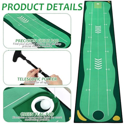 Portable Golf Putting Mat, Mini Golf Putting Green Set with Putting Mat, Putting Cup, Retractable Push Rod (Youth) with 2 Balls, Putting Mat for Indoors, Golf Gifts for Men Kids