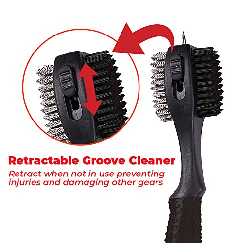 Retractable Golf Club Brush | Oversize Double Brush & Ergonomic Grip & Retractable Groove Cleaner & Lanyard - color: Black
