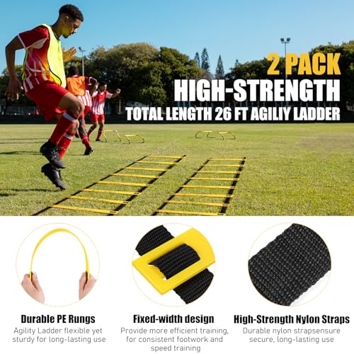 BORNEW 2 Pack Agility Ladder, Soccer Speed Training Equipment Set with Total 26 ft Agility Ladder, 12 Cones, 4 Adjustable Hurdles, Jump Rope, for Soccer, Basketball, Football, Kids, Youth, Adults - color: 1.Yellow