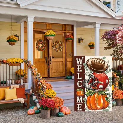 AVOIN colorlife Fall Football Garden Flag 12x18 Inch Double Sided Outside, Welcome Autumn Pumpkin Seasonal Yard Outdoor Flag Red
