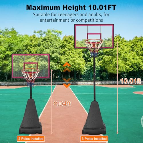 44 Inch Portable Basketball Hoop Outdoor, 8ft-10ft Height Adjustable Basketball Goal System with Shatterproof PVC Backboard & Dunkable Spring Rim, 165lbs Stable Base with Wheels for Driveway