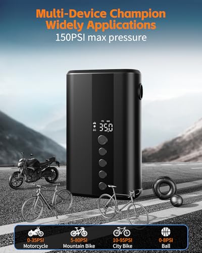Yerantour Bike Pump with Gauge, Metal-Cylinder Electric Mini Pump for Bicycle Tire 150PSI, Portable Presta Valve Pump with Digital Pressure Gauge, Rechargeable LED Light Air Compressor for Bike Moto