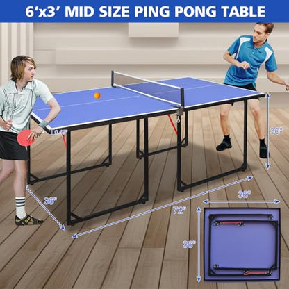 Foldable Ping Pong Table Portable 4.5FT/6FT/9FT Indoor MDF Table Tennis Table Multi-Purpose Family Game Table with Net, 2 Paddles and 3 Balls for Kid Teenager Adult - color: 6FT Blue Black
