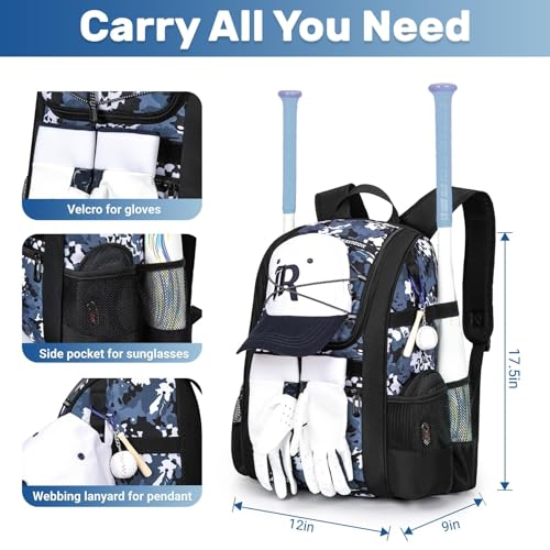 KAVIGOR Youth Baseball Bag, Softball Bag for Girls & Boys, Kids Tball Backpack with Shoes Compartment - color: Blue Camo