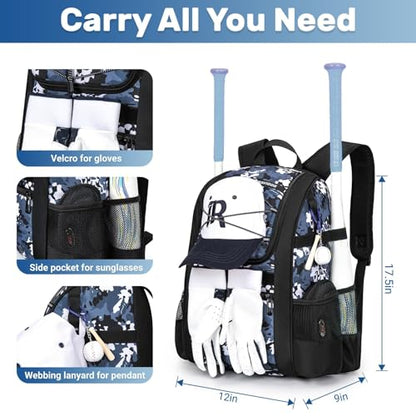 KAVIGOR Youth Baseball Bag, Softball Bag for Girls & Boys, Kids Tball Backpack with Shoes Compartment - color: Blue Camo
