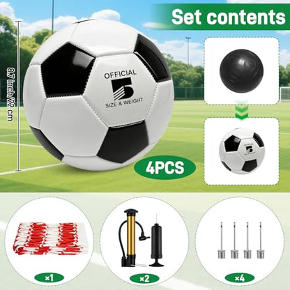 4 Pack Soccer Balls Size 5/4/3 Bulk with Pump, Carry Net, Needles - Pelota De Futbol Official Size Training Practice & Match Ball - Ideal Soccer & Birthday Gift - color: Black-White, size: Size 5