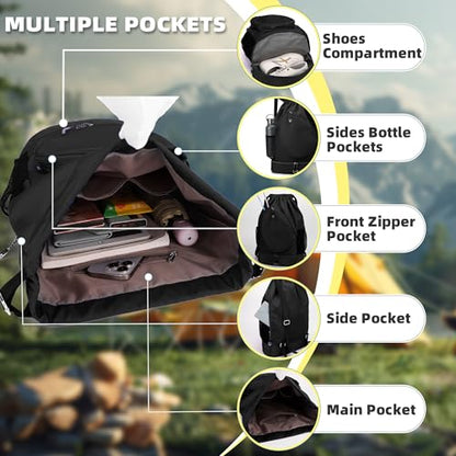 Sports Drawstring Backpack, Badminton Gym Bag Holds 2 Rackets with Shoe Compartment, Off-work, Everyday & Overnight Weekend - color: Black
