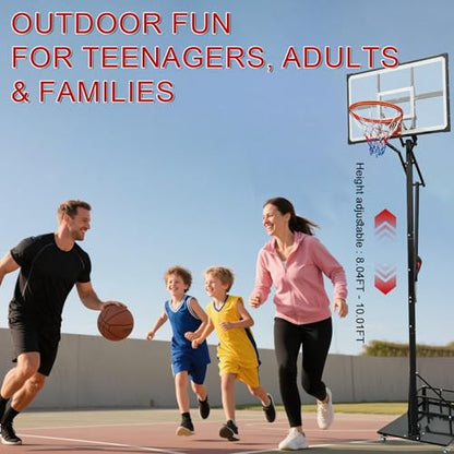 Heavy Duty Basketball Hoop Outdoor, 8-10ft Height Adjustable Basketball Goal System with Crank Handle, 44" Shatterproof PC Backboard & Spring Rim, Portable Basketball Hoop with Iron Base for Driveway