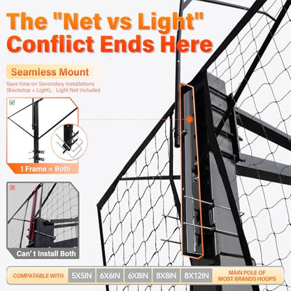 Basketball 2-in-1 Backstop Net+Light Mount System, Standalone Backstop Net, Standalone Light Mount Frame for Backyard Family Play, Fits Standard Hoops(Light NOT Included) - size: 6"×8", style: 2 in 1 Backstop Net & Light Frame System