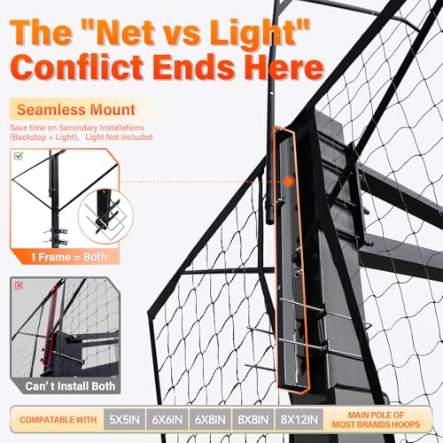 Basketball 2-in-1 Backstop Net+Light Mount System, Standalone Backstop Net, Standalone Light Mount Frame for Backyard Family Play, Fits Standard Hoops(Light NOT Included) - size: 6"×6", style: 2 in 1 Backstop Net & Light Frame System