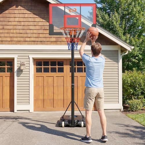 Goplus Basketball Hoop Outdoor, Portable 3.3-7FT/10FT Adjustable Basketball Goal System w/Shatterproof PC Backboard, Wheels for Adults in Pool Driveway Backyard - style: 3.3-7 FT, Black+Red
