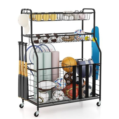 GYMAX Garage Sports Equipment Organizer, Ball Storage with Basket, Hooks, Lockable Wheels, Rolling Toy Storage Cart for Golf Bag Bats Football Sports Gear